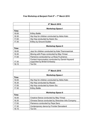 Free Workshop at Benjasiri Park 6th – 7th March 2010
6th March 2010
Workshop Space I
Time
16.00 B-Boy Battle
16.30 Hip Hop for children conducted by Akiko Kato
17.00 Hip Hop conducted by Karen Siu
17.30 B-Boy by Ground Scatter
Workshop Space II
Time
16.00 Jazz for children conducted by Kate Thammasirirak
16.30 Moving with Props conducted by May Yimsai
17.00 Flamenco conducted by La Rosa FLamenco
Contact Improvisation conducted by Daniel Hayward
17.30 supported by British Embassy
18.15 Tai Chi
7th March 2010
Workshop Space I
Time
16.00 Hip Hop for children conducted by Akiko Kato
16.30 Hip Hop conducted by Mazaki
17.00 Hip Hop conducted by Karen Siu
17.30 B-Boy Battle
Workshop Space II
Time
16.00 Creative Dance conducted by May Yimsai
16.30 Chinese Dance conducted by Shenzhen Arts Company
17.00 Flamenco conducted by Pepa Sanz
17.30 Contemporary dance by Frontier Danceland
18.15 Tai Chi