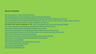 Sources of inspiration
http://en.academic.ru/dic.nsf/enwiki/244425
http://blog.hubspot.com/marketing/morning-freewriting-productivity
http://www.bqf.org.uk/innovation/2010/02/22/freewriting-a-method-for-unblocking-creativity/
http://complit.fas.harvard.edu/files/complit/files/twenty_tips_for_senior_thesis_writers_revised_august_2012.pdf
http://jameshaytonphd.com/free-writing-or-deliberate-writing-a-c/
Joe Pulizzi: Epic content marketing, p. 210. https://www.goodreads.com/review/show/983798590
http://www.managementexchange.com/blog/so-you-want-be-creative-genius
http://www.originalimpulse.com/blog/31-benefits-free-writing/
http://www.pencilpushin.com/2009/06/14/sunday-snippets-a-free-writing-meme/
http://www.thebookdesigner.com/2010/04/unleash-your-creativity-now-how-to-freewrite/
http://thewritepractice.com/magic-free-writing/
http://www.uiowa.edu/~writingc/writers/Invitations/documents/CW4.pdf
http://www.unc.edu/depts/wcweb/handouts/brainstorming.html
http://vimeo.com/14502661
http://www.wendykehoe.com/html/writing_tips.html
http://www.wikihow.com/Freewrite
http://youtu.be/tzdI1l0ybNg
http://youtu.be/b834hJNI_w8
 