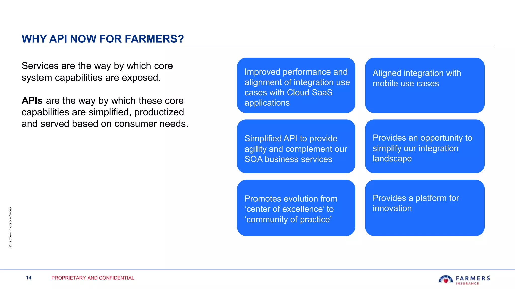 14 PROPRIETARY AND CONFIDENTIAL
©FarmersInsuranceGroup
WHY API NOW FOR FARMERS?
Improved performance and
alignment of integration use
cases with Cloud SaaS
applications
Aligned integration with
mobile use cases
Promotes evolution from
‘center of excellence’ to
‘community of practice’
Services are the way by which core
system capabilities are exposed.
APIs are the way by which these core
capabilities are simplified, productized
and served based on consumer needs.
Improved performance and
alignment of integration use
cases with Cloud SaaS
applications
Aligned integration with
mobile use cases
Simplified API to provide
agility and complement our
SOA business services
Provides an opportunity to
simplify our integration
landscape
Promotes evolution from
‘center of excellence’ to
‘community of practice’
Provides a platform for
innovation
 