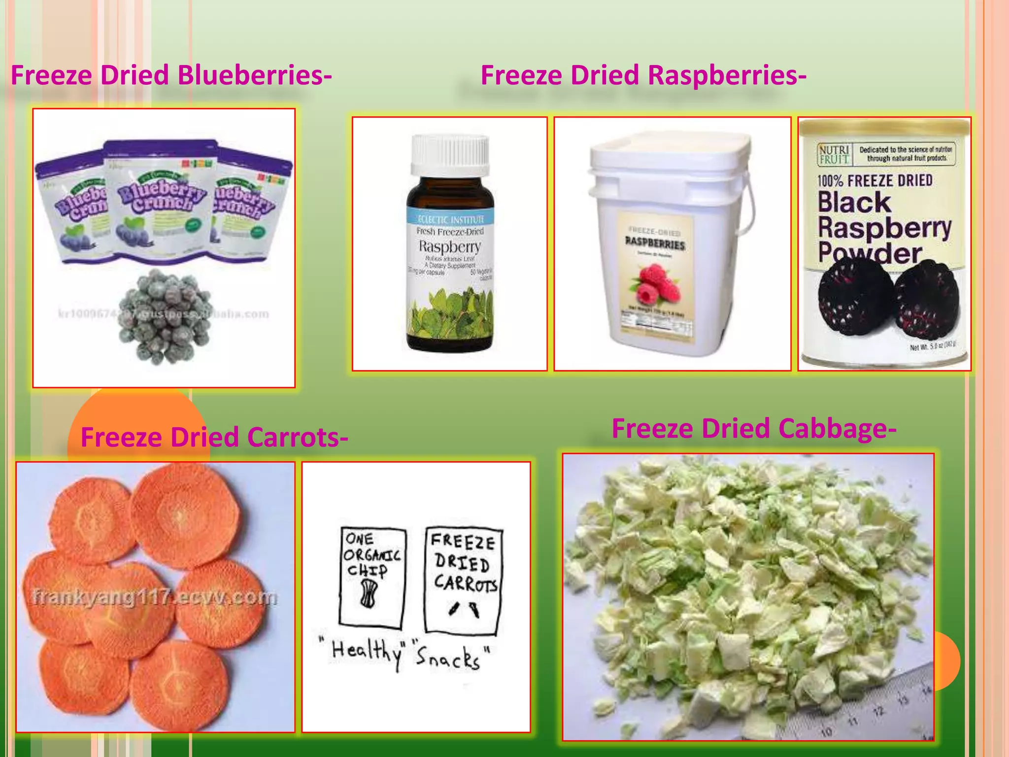 Freeze Dried Blueberries- Freeze Dried Raspberries-
Freeze Dried Carrots- Freeze Dried Cabbage-
 