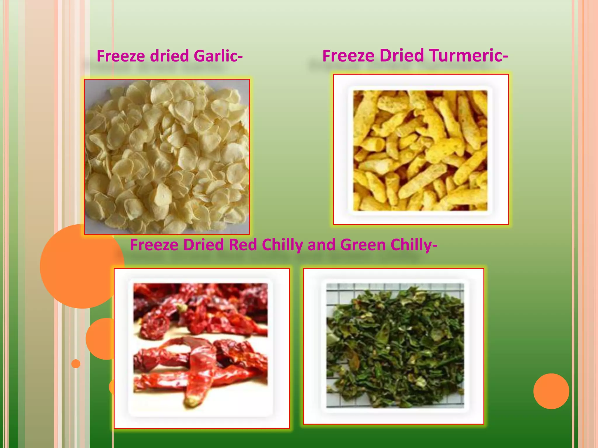 Freeze dried Garlic- Freeze Dried Turmeric-
Freeze Dried Red Chilly and Green Chilly-
 