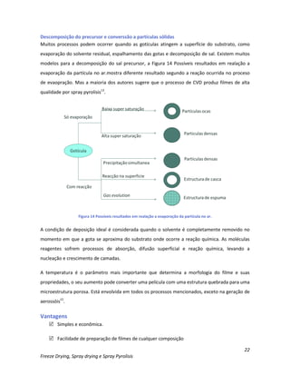 22
Freeze Drying, Spray drying e Spray Pyrolisis
Descomposição do precursor e converssão a partículas sólidas
Muitos processos podem ocorrer quando as gotículas atingem a superfície do substrato, como
evaporação do solvente residual, espalhamento das gotas e decomposição de sal. Existem muitos
modelos para a decomposição do sal precursor, a Figura 14 Possíveis resultados em realação a
evaporação da partícula no ar.mostra diferente resultado segundo a reação ocurrida no proceso
de evaopração. Mas a maioria dos autores sugere que o processo de CVD produz filmes de alta
qualidade por spray pyrolisis13
.
Figura 14 Possíveis resultados em realação a evaporação da partícula no ar.
A condição de deposição ideal é considerada quando o solvente é completamente removido no
momento em que a gota se aproxima do substrato onde ocorre a reação química. As moléculas
reagentes sofrem processos de absorção, difusão superficial e reação química, levando a
nucleação e crescimento de camadas.
A temperatura é o parâmetro mais importante que determina a morfologia do filme e suas
propriedades, o seu aumento pode converter uma película com uma estrutura quebrada para uma
microestrutura porosa. Está envolvida em todos os processos mencionados, exceto na geração de
aerossóis15
.
Vantagens
 Simples e econômica.
 Facilidade de preparação de filmes de cualquer composição
 