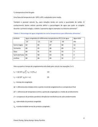 6
Freeze Drying, Spray drying e Spray Pyrolisis
T2=temperatura final do gelo
Uma faixa de temperatura de -50ºC a 0ºC a adoptada como media.
Também e possível calcular Qtot para soluções tendo em conta a quantidade de solido. O
conhecimento destes valores permite definir a percentagem de agua que pode se congelar
durante o primeiro estagio, a tabela 1 apresenta alguns exemplos na industria alimentar1
.
Tabela 1. Percentage de agua congelada em varias temperaturas para diferentes alimentos1
.
produto Agua congelada em differentes temperaturas (ºC) % de agua Agua total
(%)-10 -15 -20 -30
Carne magra 82 85 87 88 12
Fermento 80 85 88 89 11
Ovos 89 91 92 93 7
Sumo de fruta 85 90 93 96 3
ervilhas 80 86 89 92 7
Pela sua parte o tempo de congelamento esta dado pelo calculo nas equações 2 e 3.
⁄ ( ) (2)
⁄ ( ) (3)
tempo de congelação
diferencia de entalpia entre o ponto inicial de congelamento e a emperatura final
diferencia de temperatura entre o ponto de congelação e o medio de arrefecimento
a espessura do produto paralela à direção da transferência de calor predominante
densidade do produto congelado
conductividade termal do produto congelado
 