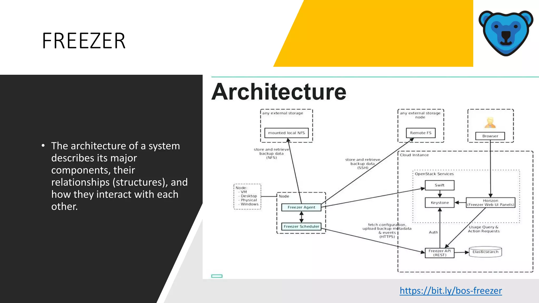 FREEZER
• The architecture of a system
describes its major
components, their
relationships (structures), and
how they interact with each
other.
https://bit.ly/bos-freezer
 