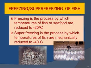 FREEZING/SUPERFREEZING OF FISH

 Freezing is the process by which
  temperatures of fish or seafood are
  reduced to -20oC
 Super freezing is the process by which
  temperatures of fish are mechanically
  reduced to -40oC




                                           12
 