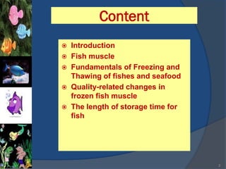 Content
   Introduction
   Fish muscle
   Fundamentals of Freezing and
    Thawing of fishes and seafood
   Quality-related changes in
    frozen fish muscle
   The length of storage time for
    fish




                                     2
 