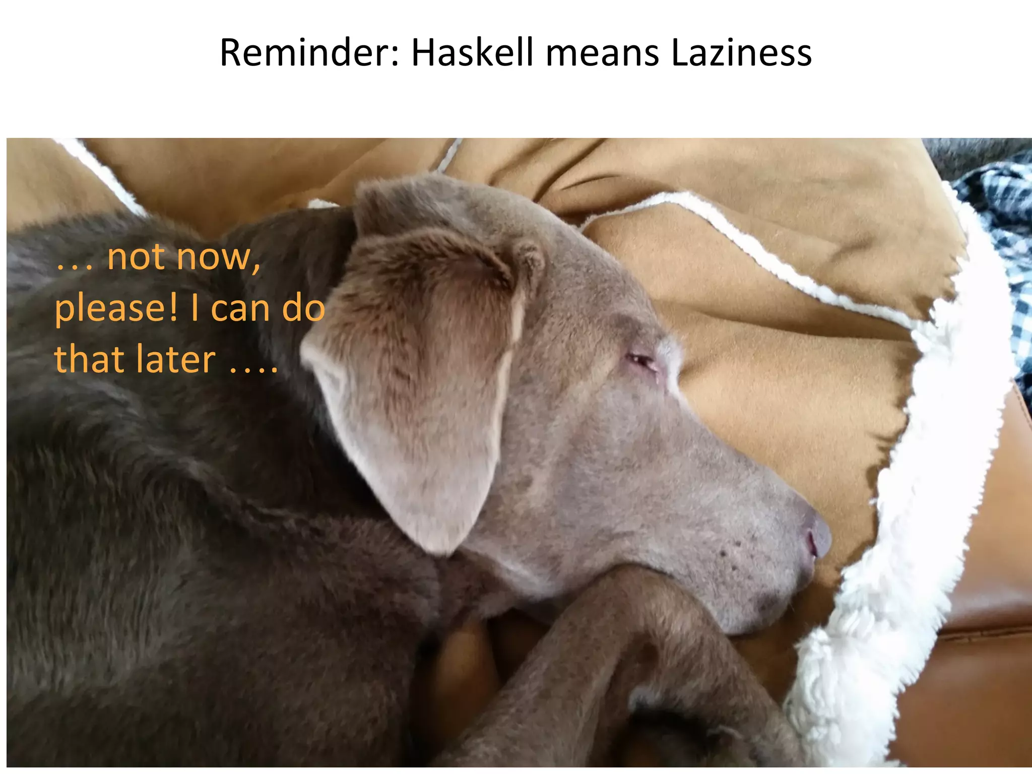 Reminder: Haskell means Laziness
… not now,
please! I can do
that later ….
 