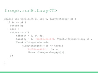 frege.run8.Lazy<T>
static int tarai(int x, int y, Lazy<Integer> z) {
if (x <= y) {
return y;
} else {
return tarai(
tarai(x - 1, y, z),
tarai(y - 1, (int)z.call(), Thunk.<Integer>lazy(x)),
Thunk.<Integer>shared(
(Lazy<Integer>)(() -> tarai(
(int)z.call() - 1, x,
Thunk.<Integer>lazy(y))))
);
}
}
 