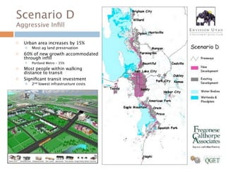 Scenario D
Aggressive Inﬁll

   Urban area increases by 15%
       Most ag land preservation
   60% of new growth accommodated
    through inﬁll
       Portland Metro – 35%
   Most people within walking
    distance to transit
   Signiﬁcant transit investment
       2nd lowest infrastructure costs
 