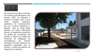 14/03/2023
No inicio do ano letivo reunimos
com todas as coordenadoras das
escolas JI/EB1 da freguesia e
estamos a resolver, caso a caso,
todos aqueles pequenos
problemas de funcionamento
que em conjunto detetamos e
aqueles que, ao longo deste
período, nos foram informados
através da plataforma eletrónica
de gestão de ocorrências nas
escolas, o “SIGA” e no âmbito do
Protocolo de Delegação de
Competências da Câmara
Municipal da Trofa, efetuamos as
pequenas reparações que as
escolas e jardins-de-infância da
Freguesia nos solicitam.
 