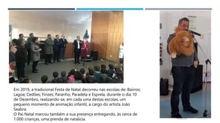 14/03/2023
Em 2019, a tradicional Festa de Natal decorreu nas escolas de: Bairros;
Lagoa; Cedões; Finzes; Paranho; Paradela e Esprela, durante o dia 10
de Dezembro, realizando-se, em cada uma destas escolas, um
pequeno momento de animação infantil, a cargo do artista João
Seabra.
O Pai Natal marcou também a sua presença entregando, às cerca de
1.000 crianças, uma prenda de natalícia.
 