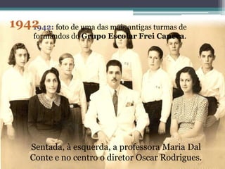 19421942:foto de uma das mais antigas turmas de formandos do Grupo Escolar Frei Caneca. Sentada, à esquerda, a professora Maria Dal Conte e no centro o diretor Oscar Rodrigues.