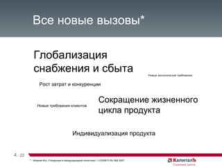 Все новые вызовы* Глобализация снабжения и сбыта Сокращение жизненного цикла продукта Индивидуализация продукта Рост затрат и конкуренции Новые требования клиентов Новые экологические требования * - Иоахим Кох «Тенденции в международной логистике» /  LOGINFO.RU  № 6  2007 4   /   22 