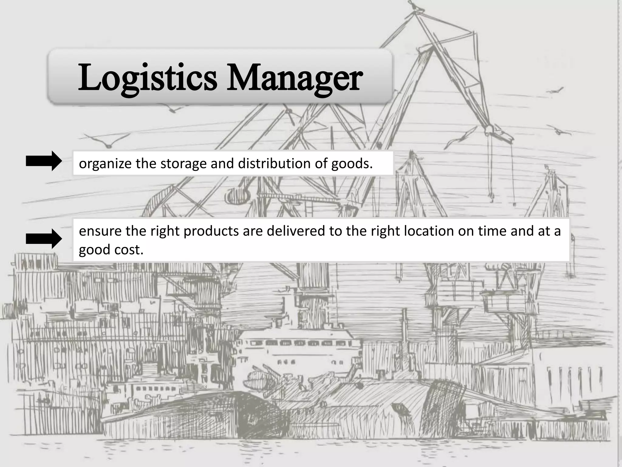 organize the storage and distribution of goods.
ensure the right products are delivered to the right location on time and at a
good cost.
 