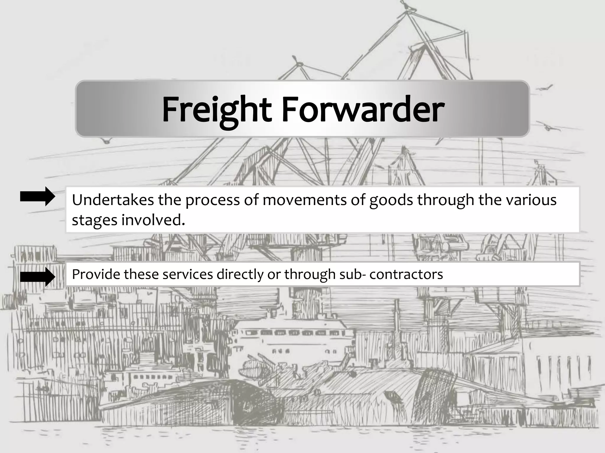 Undertakes the process of movements of goods through the various
stages involved.
Provide these services directly or through sub- contractors
 