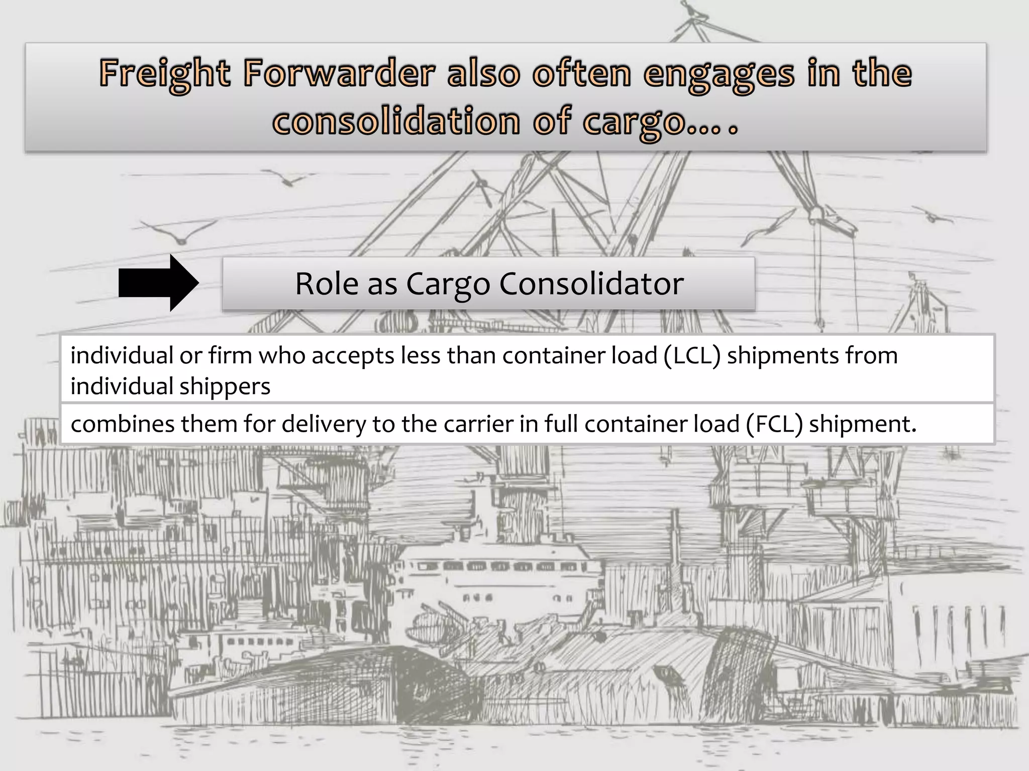 Role as Cargo Consolidator
individual or firm who accepts less than container load (LCL) shipments from
individual shippers
combines them for delivery to the carrier in full container load (FCL) shipment.
 