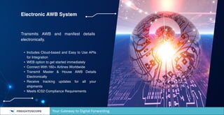 Electronic AWB System
• Includes Cloud-based and Easy to Use APIs
for Integration
• WEB option to get started immediately
• Connect With 160+ Airlines Worldwide
• Transmit Master & House AWB Details
Electronically
• Receive tracking updates for all your
shipments
• Meets ICS2 Compliance Requirements
Transmits AWB and manifest details
electronically.
Your Gateway to Digital Forwarding.
 
