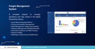 Freight Management
System
• Cloud Based Integrated Platform
• Pricing and Quotation Management
• Sales Management, Reports and Analytics
• Shipment Management (AIR/SEA/INLAND)
• Automated Container and AWB Tracking
• Electronic AWB’s
• Multilingual, Multicurrency & Multilocation
A complete solution to manage
operations and stay ahead in the digital
forwarding industry.
Your Gateway to Digital Forwarding.
 