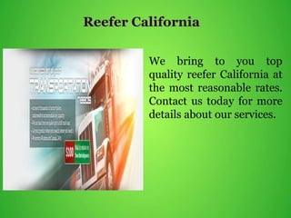 Reefer California
We bring to you top
quality reefer California at
the most reasonable rates.
Contact us today for more
details about our services.
 