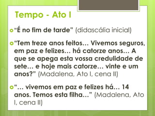 Tempo - Ato I
 “É

no fim de tarde” (didascália inicial)

 “Tem

treze anos feitos… Vivemos seguros,
em paz e felizes… há catorze anos… A
que se apega esta vossa credulidade de
sete… e hoje mais catorze… vinte e um
anos?” (Madalena, Ato I, cena II)

 “…

vivemos em paz e felizes há… 14
anos. Temos esta filha…” (Madalena, Ato
I, cena II)

 