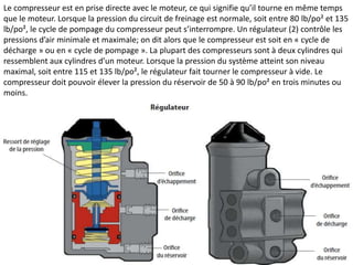 Le compresseur est en prise directe avec le moteur, ce qui signifie qu’il tourne en même temps
que le moteur. Lorsque la pression du circuit de freinage est normale, soit entre 80 lb/po² et 135
lb/po², le cycle de pompage du compresseur peut s’interrompre. Un régulateur (2) contrôle les
pressions d’air minimale et maximale; on dit alors que le compresseur est soit en « cycle de
décharge » ou en « cycle de pompage ». La plupart des compresseurs sont à deux cylindres qui
ressemblent aux cylindres d’un moteur. Lorsque la pression du système atteint son niveau
maximal, soit entre 115 et 135 lb/po², le régulateur fait tourner le compresseur à vide. Le
compresseur doit pouvoir élever la pression du réservoir de 50 à 90 lb/po² en trois minutes ou
moins.
 