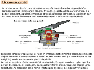 3.3-La commande au pied
La commande au pied (31) permet au conducteur d’actionner les freins. La quantité d’air
comprimé que l’on envoie dans le circuit de freinage est fonction de la course imprimée à la
pédale; cependant, la puissance maximale obtenue au freinage correspond à la pression d’air
qui se trouve dans le réservoir. Pour desserrer les freins, il suffit de relâcher la pédale.
Lorsque le conducteur appuie sur les freins en enfonçant partiellement la pédale, la commande
au pied maintient automatiquement le niveau de pression créé sans que le conducteur ne soit
obligé d’ajuster la pression de son pied sur la pédale.
Le relâchement de la pédale permet à l’air du circuit de s’échapper dans l’atmosphère par les
orifices d’échappement. Étant donné que dans les systèmes pneumatiques, les pédales sont à
ressort, elles ne produisent pas le même effort au pied que celles des circuits hydrauliques.
 