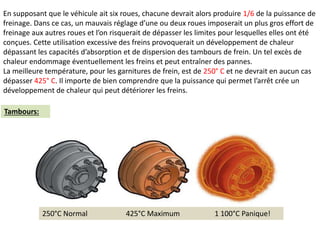 250°C Normal 425°C Maximum 1 100°C Panique!
Tambours:
En supposant que le véhicule ait six roues, chacune devrait alors produire 1/6 de la puissance de
freinage. Dans ce cas, un mauvais réglage d’une ou deux roues imposerait un plus gros effort de
freinage aux autres roues et l’on risquerait de dépasser les limites pour lesquelles elles ont été
conçues. Cette utilisation excessive des freins provoquerait un développement de chaleur
dépassant les capacités d’absorption et de dispersion des tambours de frein. Un tel excès de
chaleur endommage éventuellement les freins et peut entraîner des pannes.
La meilleure température, pour les garnitures de frein, est de 250° C et ne devrait en aucun cas
dépasser 425° C. Il importe de bien comprendre que la puissance qui permet l’arrêt crée un
développement de chaleur qui peut détériorer les freins.
 