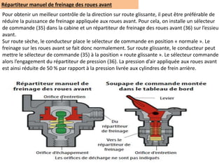 Répartiteur manuel de freinage des roues avant
Pour obtenir un meilleur contrôle de la direction sur route glissante, il peut être préférable de
réduire la puissance de freinage appliquée aux roues avant. Pour cela, on installe un sélecteur
de commande (35) dans la cabine et un répartiteur de freinage des roues avant (36) sur l’essieu
avant.
Sur route sèche, le conducteur place le sélecteur de commande en position « normale ». Le
freinage sur les roues avant se fait donc normalement. Sur route glissante, le conducteur peut
mettre le sélecteur de commande (35) à la position « route glissante ». Le sélecteur commande
alors l’engagement du répartiteur de pression (36). La pression d’air appliquée aux roues avant
est ainsi réduite de 50 % par rapport à la pression livrée aux cylindres de frein arrière.
 