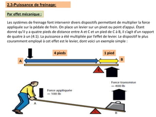 2.3-Puissance de freinage:
Par effet mécanique :
Les systèmes de freinage font intervenir divers dispositifs permettant de multiplier la force
appliquée sur la pédale de frein. On place un levier sur un pivot ou point d’appui. Étant
donné qu’il y a quatre pieds de distance entre A et C et un pied de C à B, il s’agit d’un rapport
de quatre à un (4:1). La puissance a été multipliée par l’effet de levier. Le dispositif le plus
couramment employé à cet effet est le levier, dont voici un exemple simple :
4 pieds 1 pied
BA
C
 