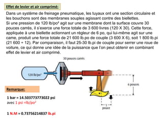 Effet de levier et air comprimé:
Dans un système de freinage pneumatique, les tuyaux ont une section circulaire et
les bouchons sont des membranes souples agissant contre des biellettes.
Si une pression de 120 lb/po² agit sur une membrane dont la surface couvre 30
pouces carrés, il s’exerce une force totale de 3 600 livres (120 X 30). Cette force,
appliquée à une biellette actionnant un régleur de 6 po, qui lui-même agit sur une
came, produit une force totale de 21 600 lb.po de couple (3 600 X 6), soit 1 800 lb.pi
(21 600 ÷ 12). Par comparaison, il faut 25-30 lb.pi de couple pour serrer une roue de
voiture, ce qui donne une idée de la puissance que l’on peut obtenir en combinant
effet de levier et air comprimé.
Remarque:
1 bar = 14.503773773022 psi
avec 1 psi =lb/po2
1 N.M = 0.73756214837 lb.pi
 