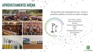 APROVEITAMENTO ARENA
Os parceiros têm exposição de suas marcas e
produtos exibidos na arena em todas as etapas.
Lonas campo e mangueira
Painel nas Classificatórias
Bandeiras
Tapadeira premiação (Backdrop)
Coletes
Spot
Envelopamento externo (Esteio)
Área VIP Camarote
Telão
 