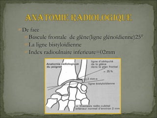 De face Bascule frontale  de glène(ligne glénoïdienne)25° La ligne bistyloidienne Index radioulnaire inferieure=02mm 