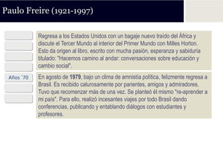 Paulo Freire (1921-1997)

  1921      Regresa a los Estados Unidos con un bagaje nuevo traído del África y
 Años ´40   discute el Tercer Mundo al interior del Primer Mundo con Milles Horton.
            Esto da origen al libro, escrito con mucha pasión, esperanza y sabiduría
 Años ´50   titulado: "Hacemos camino al andar: conversaciones sobre educación y
 Años ´60   cambio social".
 Años ´70   En agosto de 1979, bajo un clima de amnistía política, felizmente regresa a
            Brasil. Es recibido calurosamente por parientes, amigos y admiradores.
 Años ´80
            Tuvo que recomenzar más de una vez. Se planteó él mismo "re-aprender a
 Años ´90   mi país". Para ello, realizó incesantes viajes por todo Brasil dando
            conferencias, publicando y entablando diálogos con estudiantes y
            profesores.
 