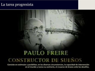 La tarea progresista




    Consiste en estimular y posibilitar, en las diversas circunstancias, la capacidad de intervención
                        en el mundo y nunca su contrario, el cruzarse de brazos ante los desafíos.
 