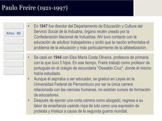 Paulo Freire (1921-1997)

  1921      • En 1947 fue director del Departamento de Educación y Cultura del
 Años ´40     Servicio Social de la Industria, órgano recién creado por la
              Confederación Nacional de Industrias. Ahí tuvo contacto con la
 Años ´50     educación de adultos/ trabajadores y sintió que la nación enfrentaba el
 Años ´60     problema de la educación y más particularmente de la alfabetización.
 Años ´70   • Se casó en 1944 con Elsa María Costa Oliveira, profesora de primaria
 Años ´80     con la que tuvo 5 hijos. En ese tiempo, Freire trabajó como profesor de
              portugués en el colegio de secundaria "Oswaldo Cruz", donde él mismo
 Años ´90
              había estudiado.
            • Aunque él aspiraba a ser educador, se graduó en Leyes en la
              Universidad Federal de Pernambuco por ser la única carrera
              relacionada con las ciencias humanas, no existían cursos de formación
              de educadores.
            • Después de ejercer una corta carrera como abogado, regresa a su
              labor de enseñanza usando ropa de luto como una expresión de
              protesta y tristeza a causa de la segunda guerra mundial.
 