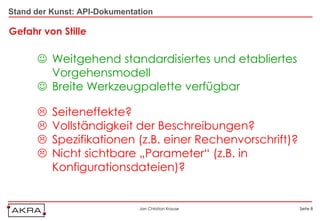 Stand der Kunst: API-Dokumentation

Gefahr von Stille

       Weitgehend standardisiertes und etabliertes
        Vorgehensmodell
       Breite Werkzeugpalette verfügbar

         Seiteneffekte?
         Vollständigkeit der Beschreibungen?
         Spezifikationen (z.B. einer Rechenvorschrift)?
         Nicht sichtbare „Parameter“ (z.B. in
          Konfigurationsdateien)?


                              Jan Christian Krause         Seite 8
 