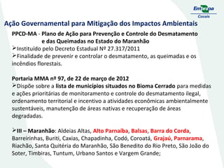 Ação Governamental para Mitigação dos Impactos Ambientais
PPCD-MA - Plano de Ação para Prevenção e Controle do Desmatamento
e das Queimadas no Estado do Maranhão
Instituído pelo Decreto Estadual Nº 27.317/2011
Finalidade de prevenir e controlar o desmatamento, as queimadas e os
incêndios florestais.
Portaria MMA nº 97, de 22 de março de 2012
Dispõe sobre a lista de municípios situados no Bioma Cerrado para medidas
e ações prioritárias de monitoramento e controle do desmatamento ilegal,
ordenamento territorial e incentivo a atividades econômicas ambientalmente
sustentáveis, manutenção de áreas nativas e recuperação de áreas
degradadas.
III – Maranhão: Aldeias Altas, Alto Parnaíba, Balsas, Barra do Corda,
Barreirinhas, Buriti, Caxias, Chapadinha, Codó, Coroatá, Grajaú, Parnarama,
Riachão, Santa Quitéria do Maranhão, São Benedito do Rio Preto, São João do
Soter, Timbiras, Tuntum, Urbano Santos e Vargem Grande;

 