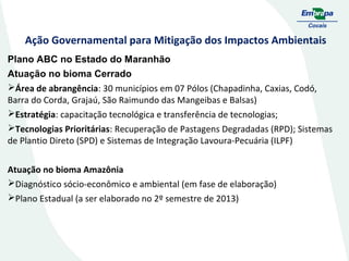 Ação Governamental para Mitigação dos Impactos Ambientais
Plano ABC no Estado do Maranhão
Atuação no bioma Cerrado
Área de abrangência: 30 municípios em 07 Pólos (Chapadinha, Caxias, Codó,
Barra do Corda, Grajaú, São Raimundo das Mangeibas e Balsas)
Estratégia: capacitação tecnológica e transferência de tecnologias;
Tecnologias Prioritárias: Recuperação de Pastagens Degradadas (RPD); Sistemas
de Plantio Direto (SPD) e Sistemas de Integração Lavoura-Pecuária (ILPF)
Atuação no bioma Amazônia
Diagnóstico sócio-econômico e ambiental (em fase de elaboração)
Plano Estadual (a ser elaborado no 2º semestre de 2013)

 