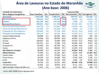 Área de Lavouras no Estado do Maranhão
(Ano base: 2006)

Fonte: IBGE (2006) Censo Agropecuário

 