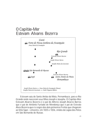 21
O Capitão-Mor
Estevam Alvares Bezerra
Estevam saiu de Santo Antão da Mata, Pernambuco, para o Rio
Grande onde nasceram seus filhos Joseph e Josepha. O Capitão-Mor
Estevam Alvares Bezerra é o pai do Alferes Joseph Alvares Barros
que é pai de Antônio Furtado de Mendonça que é pai de Estevão
Alves Bezerra que é o sogro dos dois primeiros Freitas que chegaram
ao Sítio Sapé - Limoeiro, em 1835 e 1836, vindos da Lagoa dos Patos
em São Bernardo de Russas.
 