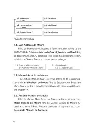 42
6.1. José Antônio de Moura
Filho de Manoel Alves Bezerra e Teresa de Jesus casou-se em
27/10/1907 (Lc7-1v) com Maria da Conceição de Jesus Bandeira,
os dois com 22 anos. O casal não teve filhos mas adotaram Nenen,
sobrinha de Teresa, Dimas e criaram outras crianças.
7.1. Francisca Nenen Saraiva 7.2. Dimas Pereira
c.c. Gentil Guimarães Saraiva c.c. Ma. Noélia Costa
6.2. Manoel Antônio de Moura
Tinel, filho de Manoel Alves Bezerra e Teresa de de Jesus casou-
se com Maria Probém de Moura filha de Estevão Alves Bezerra e
Maria Teresa de Jesus. Não tiveram filhos e ele faleceu aos 88 anos,
em 14/5/1977.
6.3. Antônio Manoel de Moura
Filho de Manoel Alves Bezerra e Teresa de Jesus casou-se com
Maria Rosena de Moura filha de Manoel Batista de Moura. O
casal não teve filhos. Rosena casou-se a segunda vez com
Raimundo Nonato da Fonseca.
* Não tiveram filhos
 