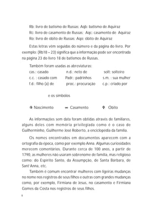 8
Rb: livro de batismo de Russas; Aqb: batismo de Aquiraz
Rc: livro de casamento de Russas; Aqc: casamento de Aquiraz
Ro: livro de óbito de Russas; Aqo: óbito de Aquiraz
Estas letras vêm seguidas do número e da página do livro. Por
exemplo: (Rb18 – 23) significa que a informação pode ser encontrada
na página 23 do livro 18 de batismos de Russas.
Também foram usadas as abreviaturas:
cas.: casado n.d.: neto de solt: solteiro
c.c. : casado com Padr.: padrinhos s.m. : sua mulher
f.d.: filho (a) de proc.: procuração c.p.: criado por
e os símbolos
!!!!! Nascimento ∞∞∞∞∞ Casamento """"" Óbito
As informações sem data foram obtidas através de familiares,
alguns deles com memória privilegiada como é o caso de
Guilherminho, Guilherme José Roberto, a enciclopédia da família.
Os nomes encontrados em documentos aparecem com a
ortografia da época, como por exemplo Anna. Algumas curiosidades
merecem comentários. Durante cerca de 100 anos, a partir de
1790, as mulheres não usaram sobrenome de família, mas religioso
como: do Espírito Santo, da Assumpção, de Santa Bárbara, de
Sant’Anna, etc.
Também é comum encontrar mulheres com ligeiras mudanças
no nome nos registros de seus filhos e outras com grandes mudanças
como, por exemplo, Firmiana de Jesus, no casamento e Firmiana
Gomes da Costa nos registros de seus filhos.
 