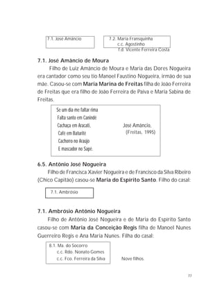 77
7.1. José Amâncio 7.2. Maria Fransquinha
c.c. Agostinho
f.d. Vicente Ferreira Costa
7.1. José Amâncio de Moura
Filho de Luiz Amâncio de Moura e Maria das Dores Nogueira
era cantador como seu tio Manoel Faustino Nogueira, irmão de sua
mãe. Casou-se com Maria Marina de Freitas filha de João Ferreira
de Freitas que era filho de João Ferreira de Paiva e Maria Sabina de
Freitas.
Se um dia me faltar rima
Falta santo em Canindé
Cachaça em Aracati, José Amâncio,
Café em Baturité
Cachorro no Araújo
E mascador no Sapé.
6.5. Antônio José Nogueira
Filho de Francisca Xavier Nogueira e de Francisco da Silva Ribeiro
(Chico Capitão) casou-se Maria do Espírito Santo. Filho do casal:
7.1. Ambrósio Antônio Nogueira
Filho de Antônio José Nogueira e de Maria do Espírito Santo
casou-se com Maria da Conceição Regis filha de Manoel Nunes
Guerreiro Regis e Ana Maria Nunes. Filha do casal:
8.1. Ma. do Socorro
c.c. Rdo. Nonato Gomes
c.c. Fco. Ferreira da Silva Nove filhos.
(Freitas, 1995)
7.1. Ambrósio
 