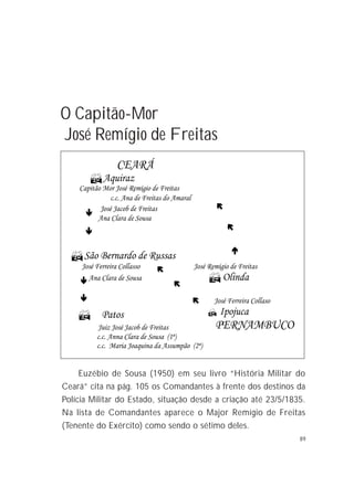 89
O Capitão-Mor
José Remígio de Freitas
Euzébio de Sousa (1950) em seu livro “História Militar do
Ceará” cita na pág. 105 os Comandantes à frente dos destinos da
Polícia Militar do Estado, situação desde a criação até 23/5/1835.
Na lista de Comandantes aparece o Major Remígio de Freitas
(Tenente do Exército) como sendo o sétimo deles.
 