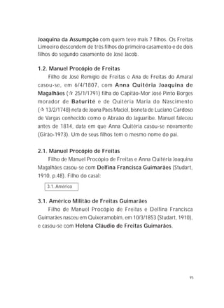 95
Joaquina da Assumpção com quem teve mais 7 filhos. Os Freitas
Limoeiro descendem de três filhos do primeiro casamento e de dois
filhos do segundo casamento de José Jacob.
1.2. Manuel Procópio de Freitas
Filho de José Remígio de Freitas e Ana de Freitas do Amaral
casou-se, em 6/4/1807, com Anna Quitéria Joaquina de
Magalhães (! 25/1/1791) filha do Capitão-Mor José Pinto Borges
morador de Baturité e de Quitéria Maria do Nascimento
(! 13/2/1748) neta de Joana Paes Maciel, bisneta de Luciano Cardoso
de Vargas conhecido como o Abraão do Jaguaribe. Manuel faleceu
antes de 1814, data em que Anna Quitéria casou-se novamente
(Girão-1973). Um de seus filhos tem o mesmo nome do pai.
2.1. Manuel Procópio de Freitas
Filho de Manuel Procópio de Freitas e Anna Quitéria Joaquina
Magalhães casou-se com Delfina Francisca Guimarães (Studart,
1910, p.48). Filho do casal:
3.1. Américo
3.1. Américo Militão de Freitas Guimarães
Filho de Manuel Procópio de Freitas e Delfina Francisca
Guimarães nasceu em Quixeramobim, em 10/3/1853 (Studart, 1910),
e casou-se com Helena Cláudio de Freitas Guimarães.
 
