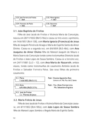 102
3.1. João Baptista de Freitas
Filho de José Jacob de Freitas e Vicência Maria da Conceição,
nasceu em 28/11/1832 (Rb13-96v) e casou-se três vezes; a primeira,
em 14/6/1851 (Rc4-138), com Maria Ignácia (Francisca) de Jesus
filha de Joaquim Pereira de Araújo e Maria do Espírito Santo do Amor
Divino. Casou-se a segunda vez, em 8/61859 (Rc5-48v), com Ana
Joaquina do Amor Divino filha de Manoel Joaquim de Moura e
Maria Soares da Conceição tendo como testemunhas Dionízio Jacob
de Freitas e João Lopes de Sousa Sombra. Casou-se a terceira vez,
em 24/11/1881 (Lc3 – 12), com Ana Maria de Nazareth, ambos
viúvos, tendo como testemunhas de casamento Antônio Jacob de
Freitas e Salvador Ferreira Paiva. São seus filhos do primeiro
casamento:
3.2. Maria Felícia de Jesus
Filha de José Jacob de Freitas e Vicência Maria da Conceição casou-
se, em 8/11/1853 (Rc4-185v), com João Lopes de Sousa Sombra
filho de Manoel Lopes Sombra e Ângela Maria do Espírito Santo.
4.1. Maria Padr. Vicente Agostinho Roiz:
¶ 6/6/1852 (Rb15-11) Lima e s.m. Ma. Fca. do E. Santo
4.2. Anna Padr.: Fco. Alves Correia Lima
6/9/1856 (Rb25-217v) Ma. Sebastiana Engrácia
4.3. José de Freitas
c.c. Theresa de Jesus
 