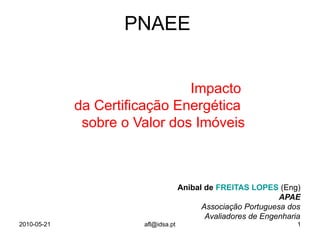 PNAEE


                               Impacto
             da Certificação Energética
              sobre o Valor dos Imóveis



                                     Anibal de FREITAS LOPES (Eng)
                                                               APAE
                                           Associação Portuguesa dos
                                            Avaliadores de Engenharia
2010-05-21             afl@idsa.pt                                  1
 
