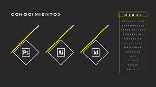 OTROS
P R E M I E R E P R O
D R E A M W E A V E R
A F T E R E F F E C T S
P O W E R P O I N T
H O O T S U I T E
W O R D P R E S S
M A I L C H I M P
A U D I E N S E
I F T T
F E E D L Y
C A N V A
P O C K E T
c o n o c i m i en t o s
 