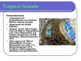 Tropical Islands Themenbereiche - Tropendorf mit Originalbauten aus Thailand, Borneo, Samoa und Bali.  -Regenwald mit 50.000 Pflanzen . - Südsee  ist ein 140 m langer Pool mit 4400 m² Wasserfläche und 1,35 m Wassertiefe, 8 m breitem Sandstrand und 850 Holzliegen, Wassertemperatur 28°C.  - Bali-Lagune hat 1200 m² Wasserfläche mit einer Wassertiefe von unter 1 m, Wassertemperatur 32°C, Fontänen, Strömungskanal, Whirlpool und zwei Rutschen.  