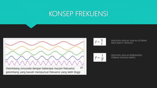 KONSEP FREKUENSI
FREKUENSI ADALAH JUMLAH GETARAN
PADA WAKTU TERTENTU
FREKUENSI ADALAH BERBANDING
TERBALIK DENGAN WAKTU
 